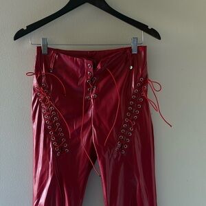 Red Lace-Up Vinyl Pants